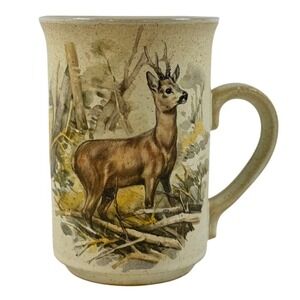 Ashdale Pottery England Stag Deer Stoneware Mug Wildlife Forest Scene Cream READ